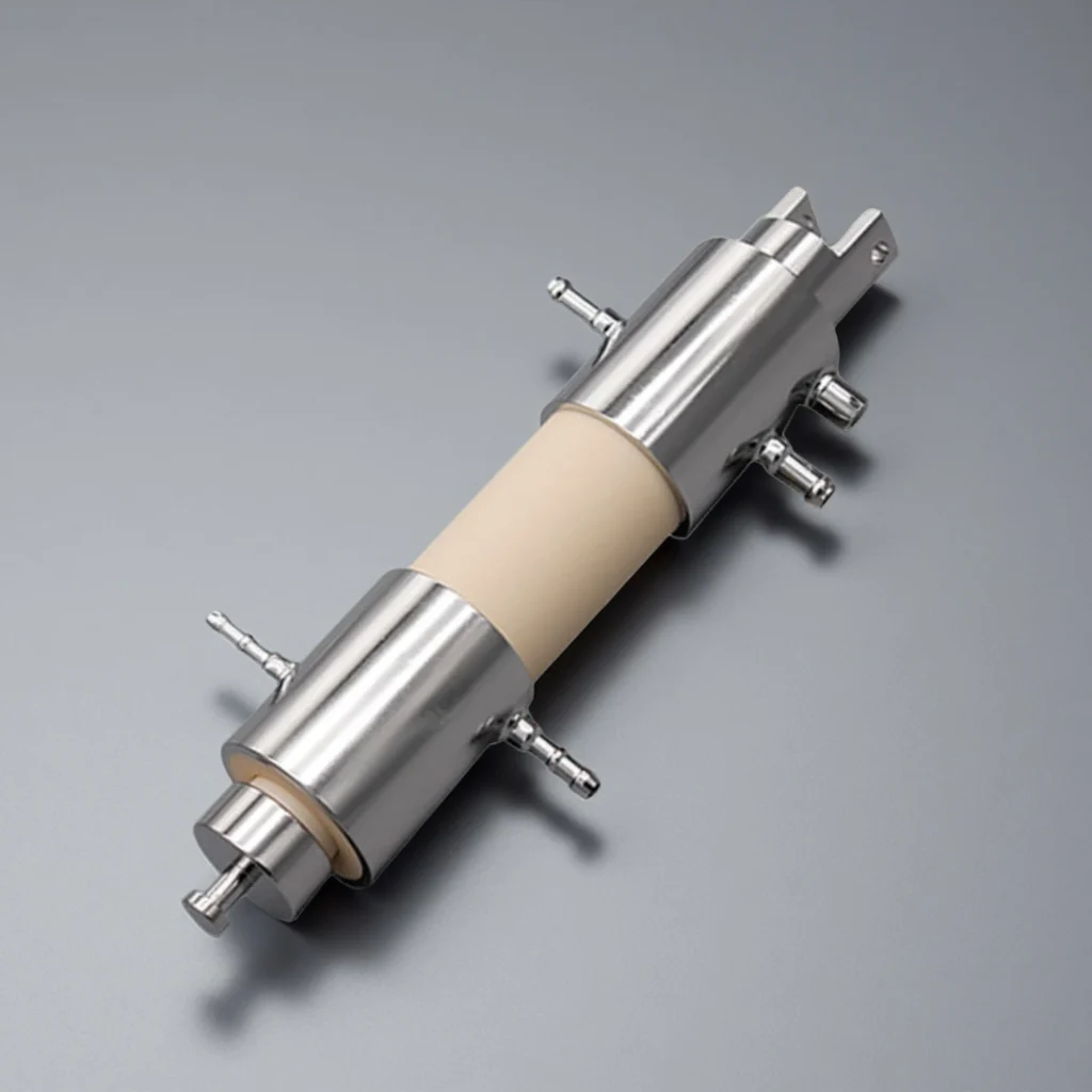 Alumina ceramic pump assembly featuring a high-purity alumina cylinder and stainless steel fittings, designed for chemical dosing and corrosive fluid transfer.