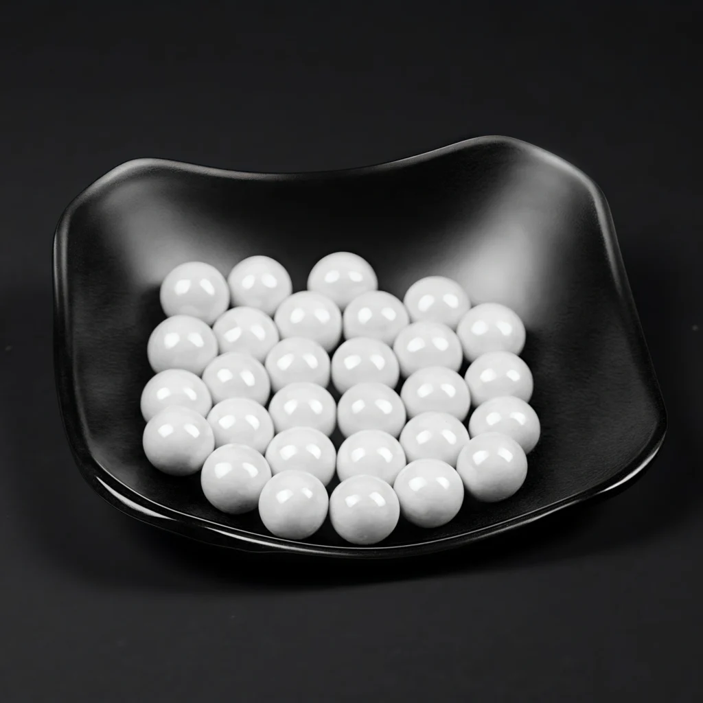 Macro view showing polished surface and fine microstructure of zirconia toughened alumina balls.