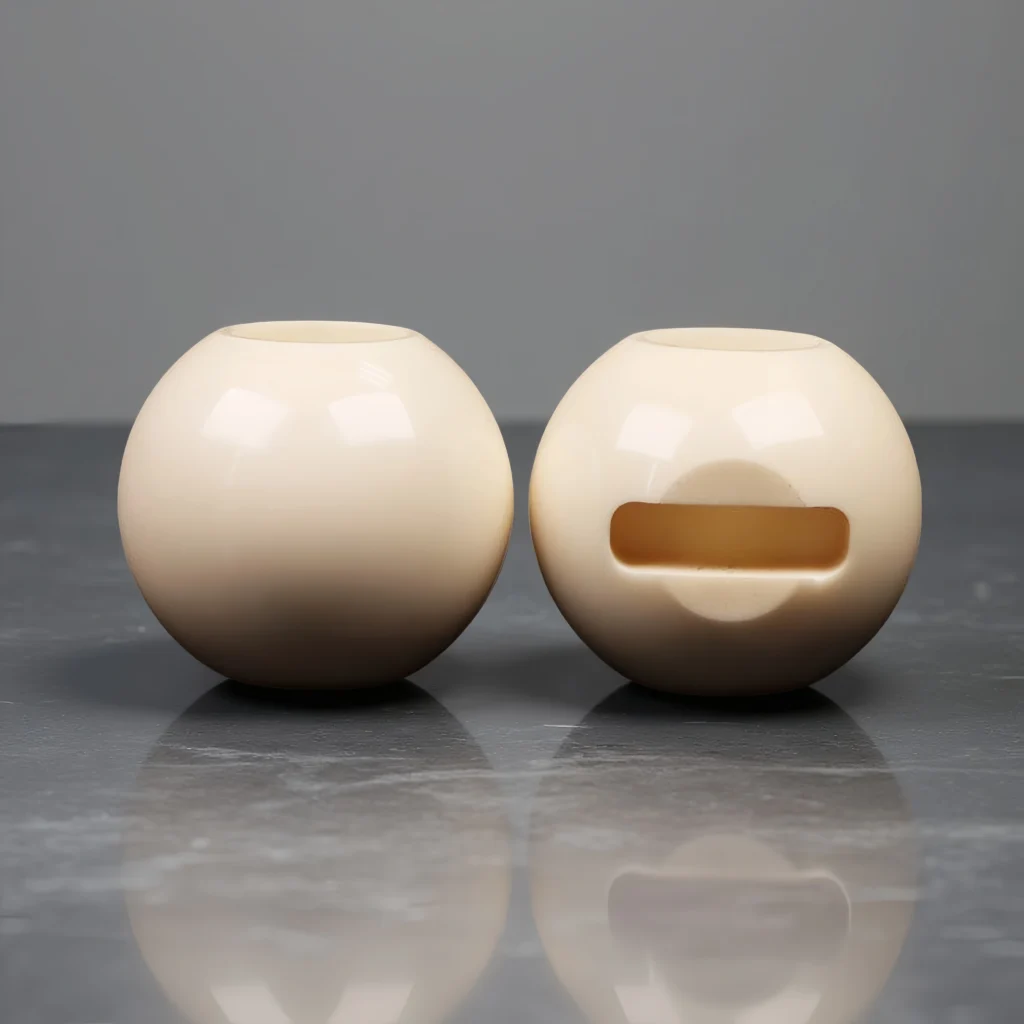 High-purity alumina ceramic ball valve cores with precision machined slot, manufactured by ADCERAX for corrosion-resistant fluid control systems.