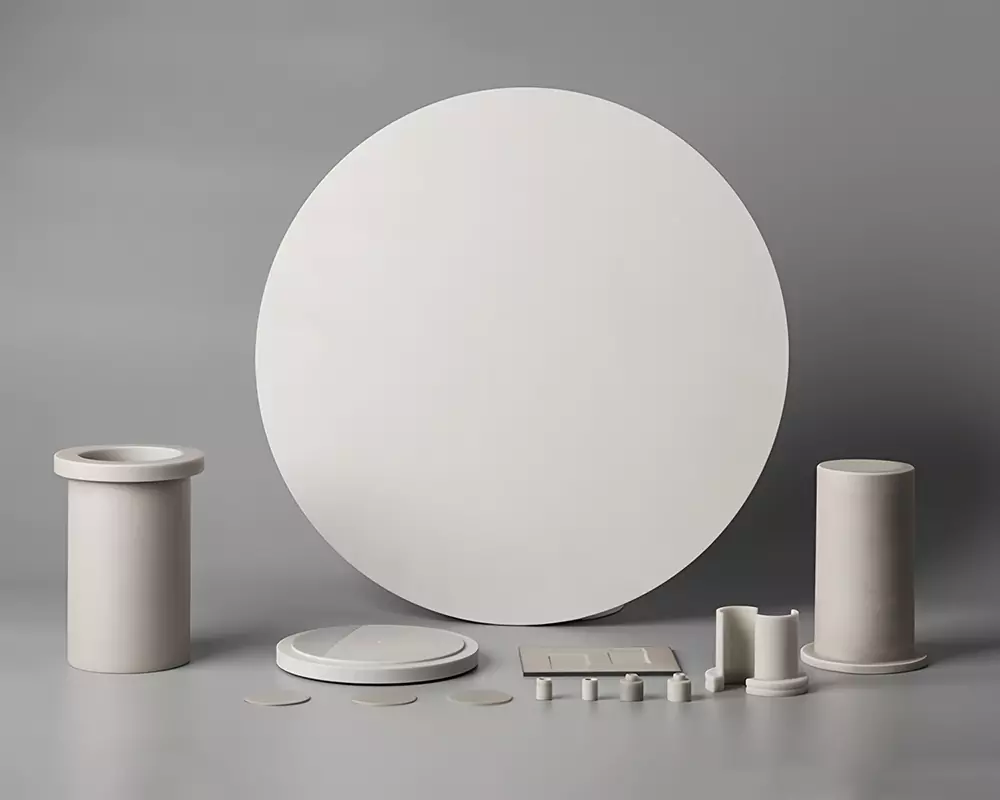 Aluminium nitride ceramic substrates, plates, rings and custom-machined parts displayed for high-power and thermal management applications