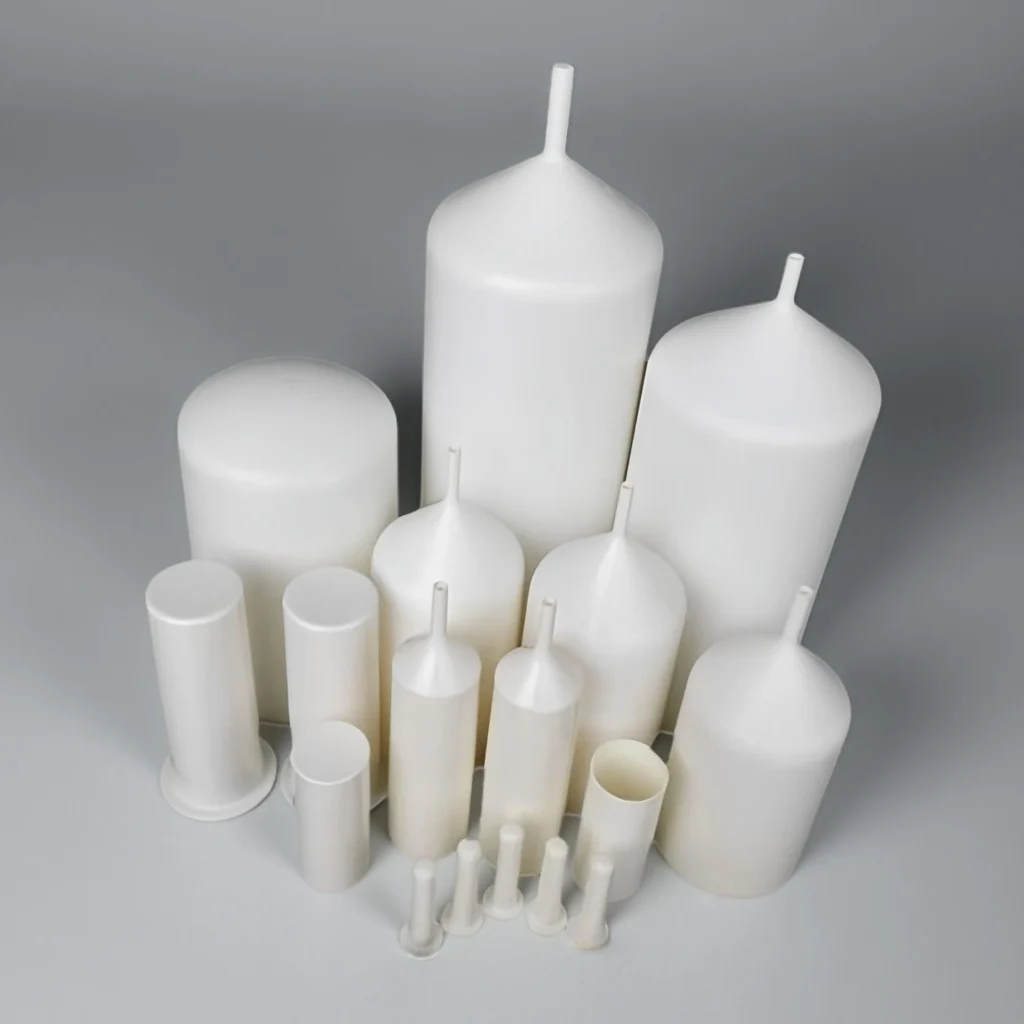 Various sizes of boron nitride crucibles with closed tops and custom nozzles for high-temperature metal melting and vacuum applications