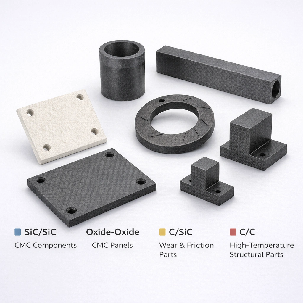 ceramic matrix composite components including SiC/SiC plate, oxide-oxide panel, C/SiC ring and C/C block