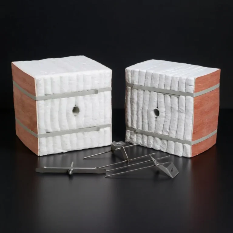 close-up of aluminum silicate fiber module showing folded ceramic fiber and built-in anchors