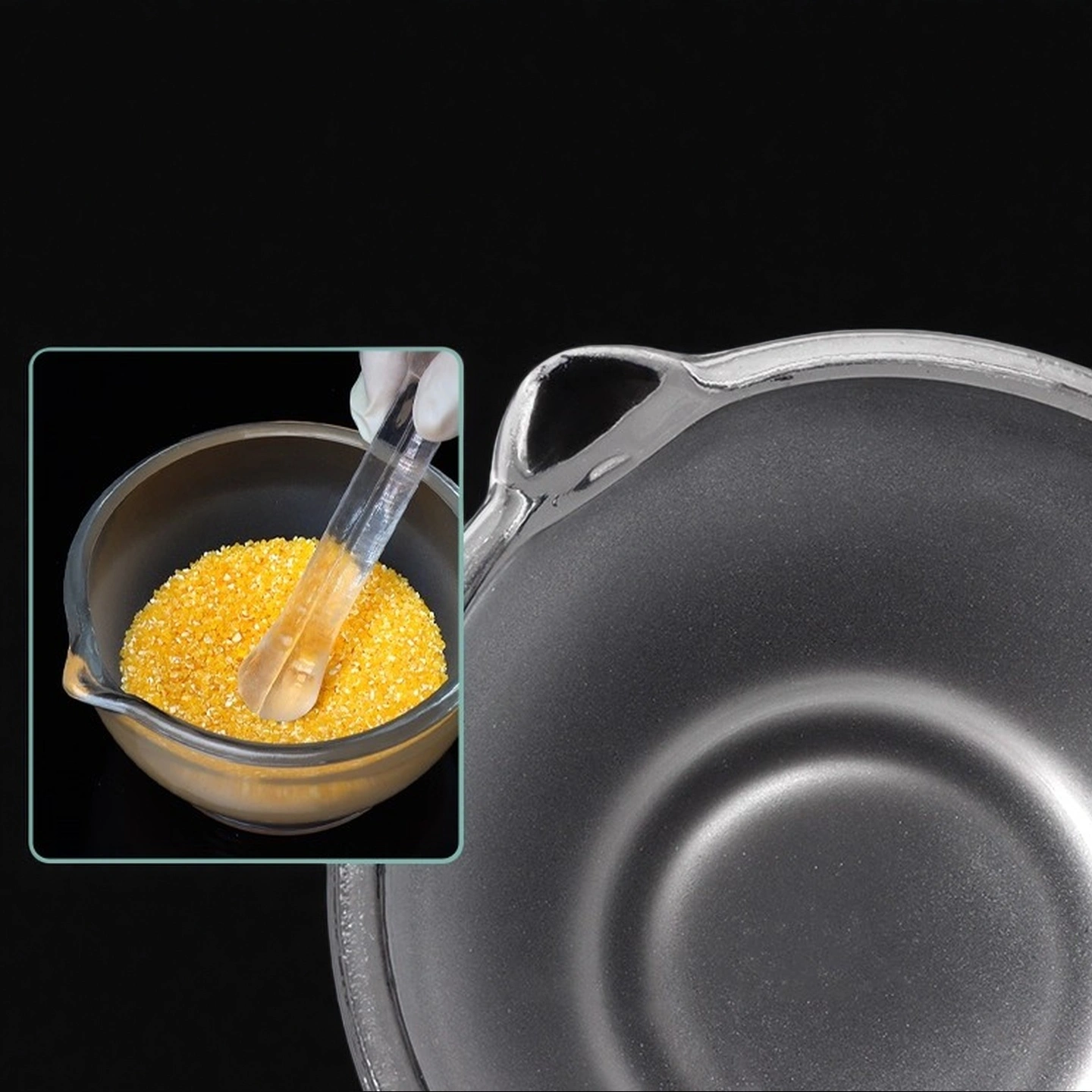 technician grinding a soft sample in a glass mortar and pestle on a laboratory bench