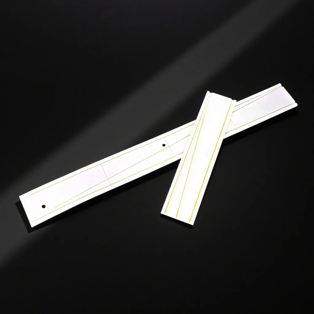 High purity alumina ceramic slotted plate showing slot width, pitch, and edge chamfer