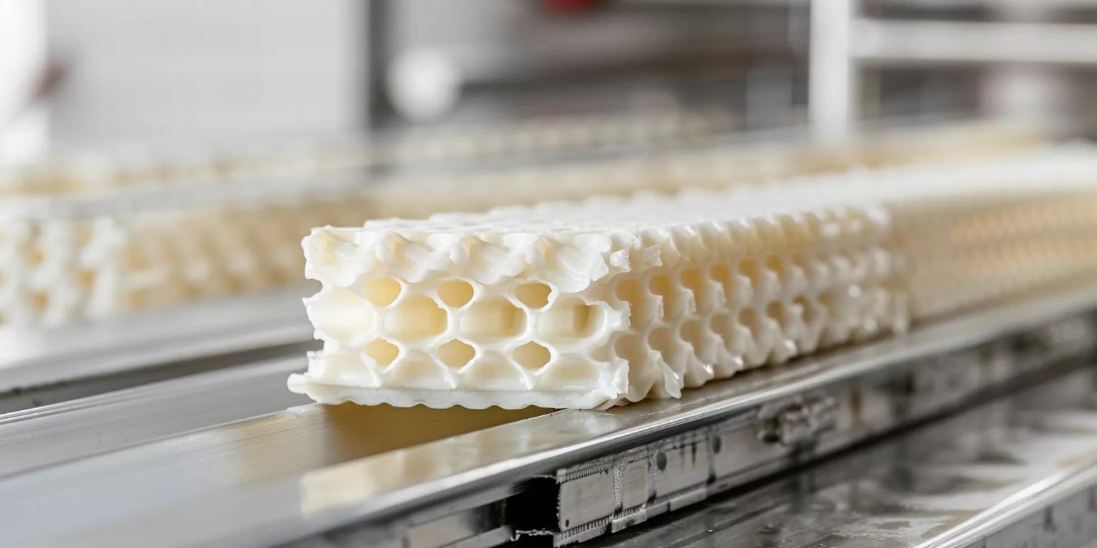 Worn alumina ceramic filter block inspected after food processing use