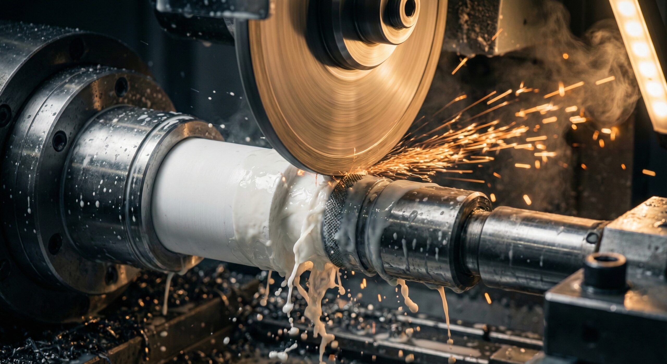 Close-up action shot of CNC diamond grinding zirconia ceramic with coolant