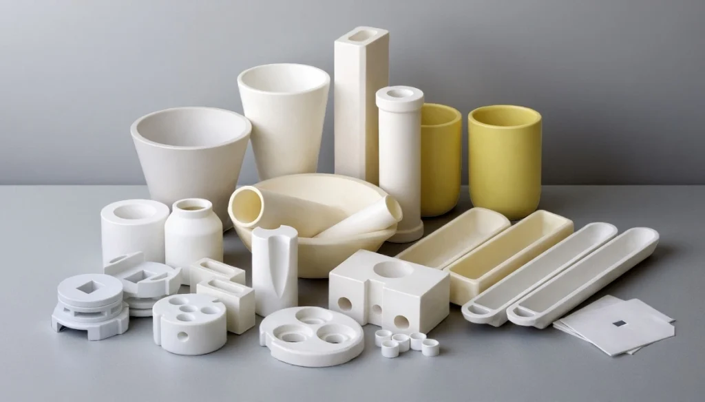 Various technical ceramic components made from alumina and zirconia, showing typical shapes, densities and surface finishes used in industrial applications