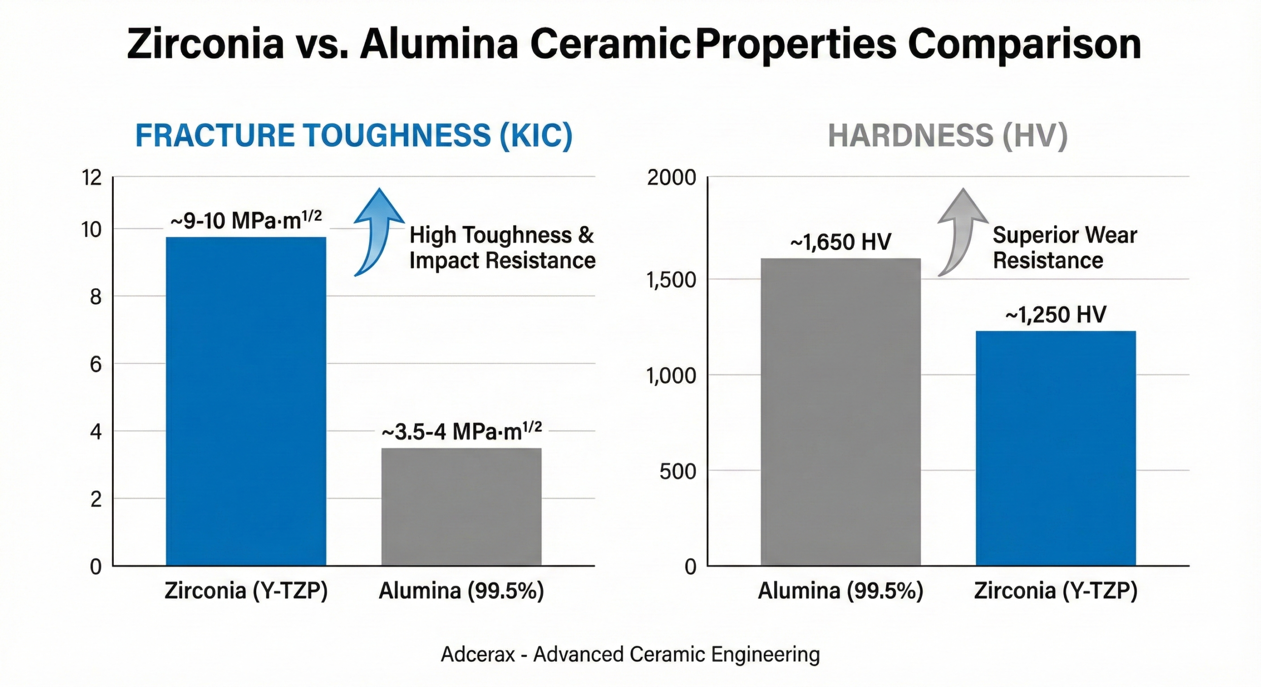 Bar chart visualizing fracture toughness and hardness comparison between Zirconia and Alumina