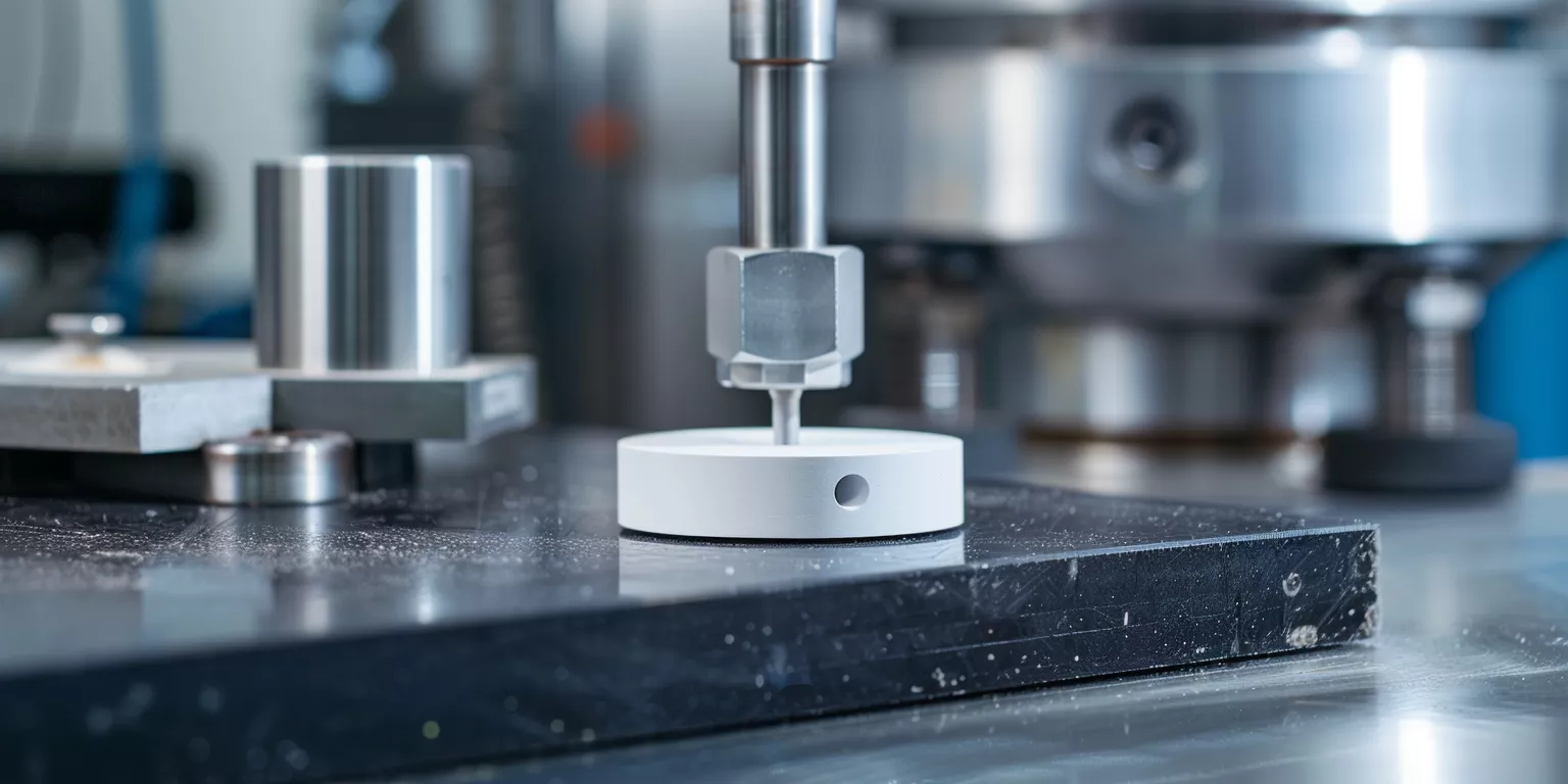 Alumina ceramic precision positioning part displayed on a granite surface plate
