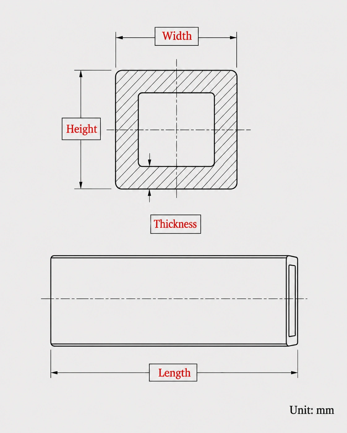 Square alumina ceramic tube dimensions: outer size, inner bore, wall thickness, length for corona electrode RFQ