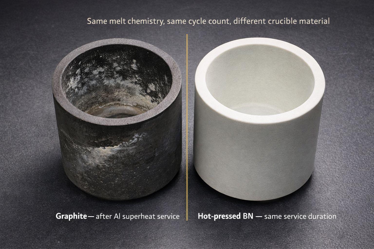Failed graphite crucible with aluminum carbide residue next to clean hot-pressed BN crucible interior