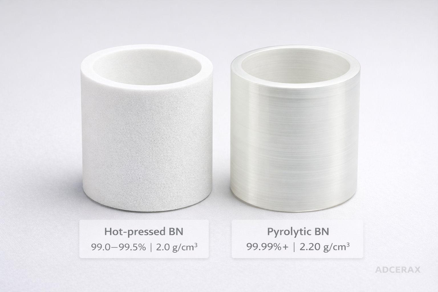 Hot-pressed BN white matte crucible versus pyrolytic BN translucent layered crucible side-by-side comparison photograph