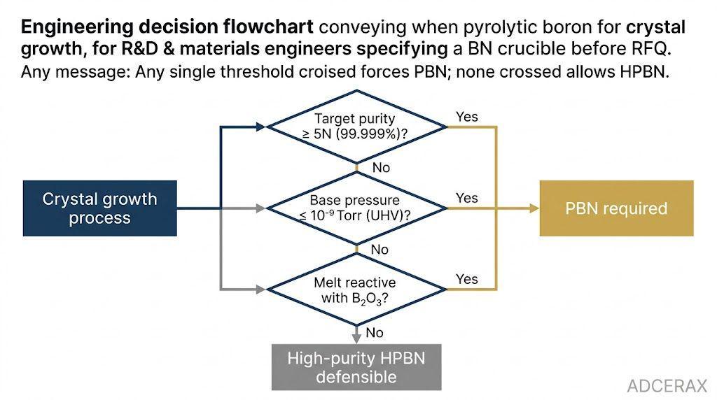 HPBN and PBN crystal growth crucible selection decision flowchart by purity vacuum and melt chemistry thresholds