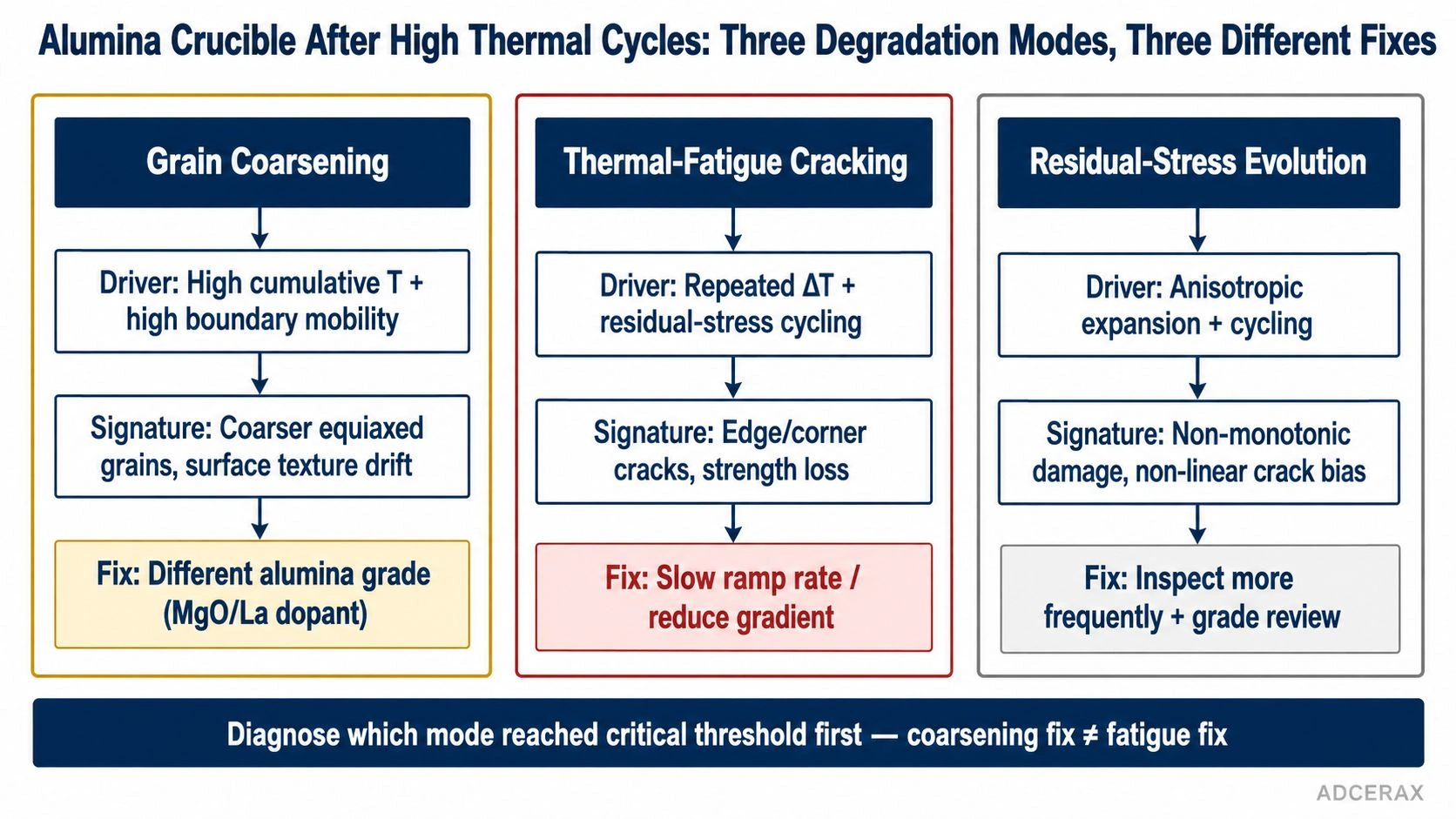 alumina crucible grain growth thermal fatigue crack residual stress failure mode diagnostic decision diagram