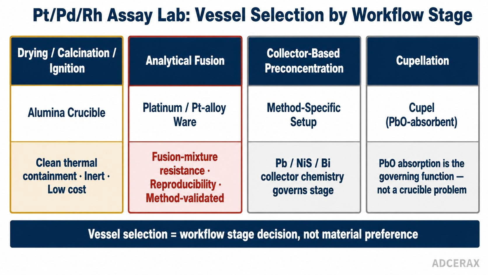 Pt Pd Rh noble metal assay lab crucible selection workflow alumina platinumware cupel decision diagram