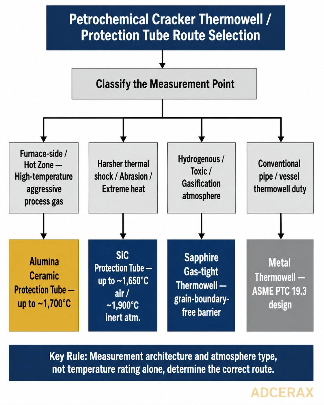 Alumina SiC sapphire metal thermowell selection decision diagram for petrochemical cracker measurement points