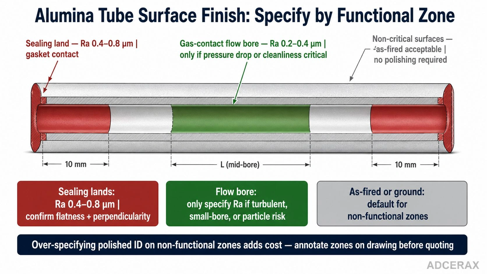 alumina tube surface roughness specification Ra Rz functional zone sealing land full bore polished ID as-fired decision diagram