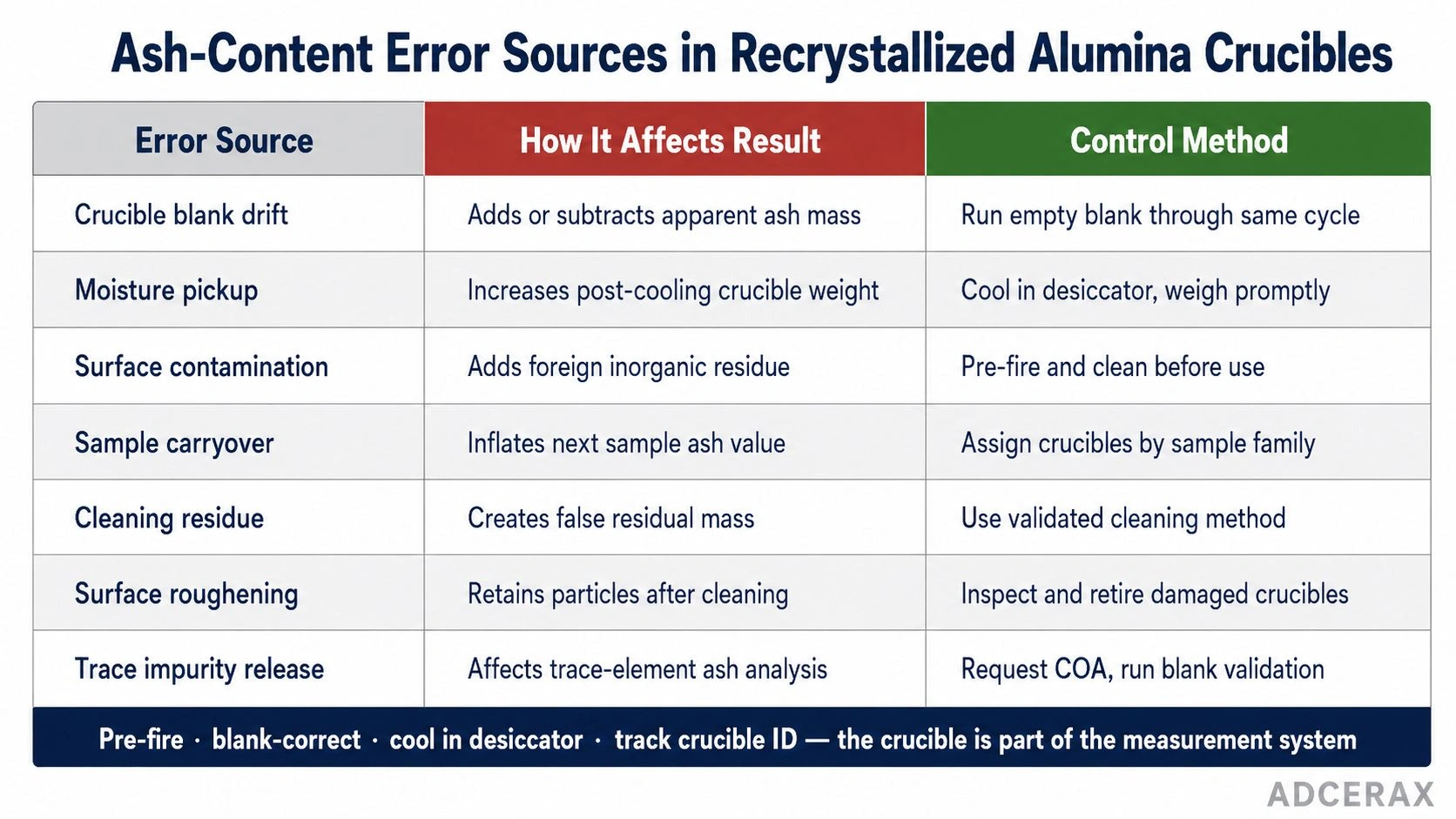 Ash-content error sources in recrystallized alumina crucibles showing blank drift, moisture pickup, contamination, sample carryover, cleaning residue and control methods