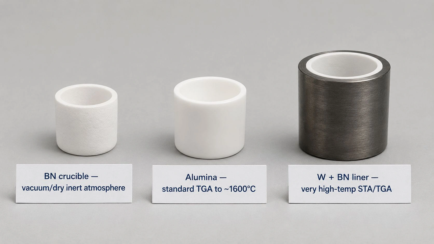 BN crucible atmosphere decision matrix for thermal analysis above 1500°C, comparing dry argon, dry nitrogen, high vacuum, air, oxygen, wet gas, reducing gas and combustion product gas
