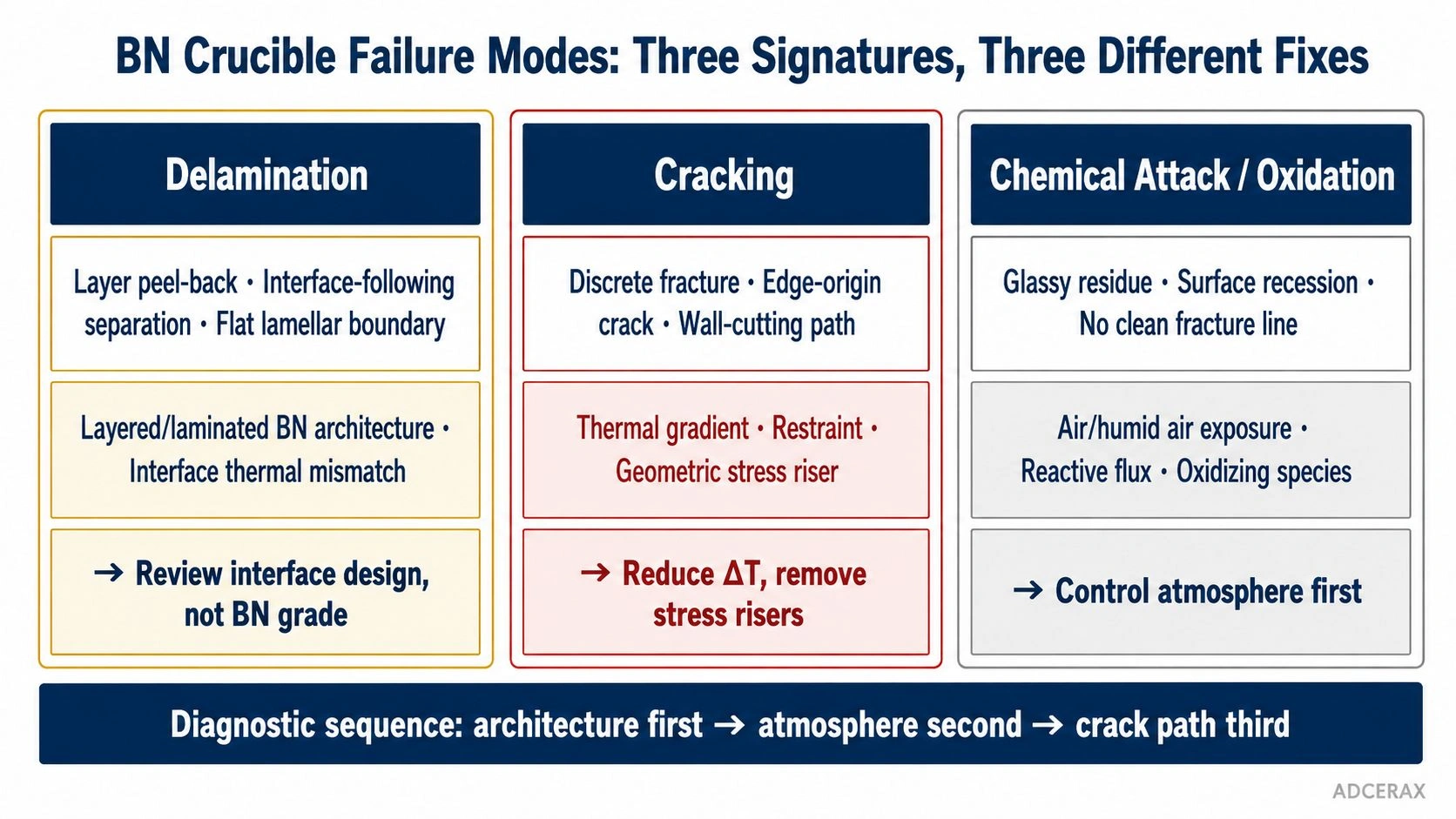 BN boron nitride crucible failure mode classification delamination cracking chemical attack diagnostic decision diagram