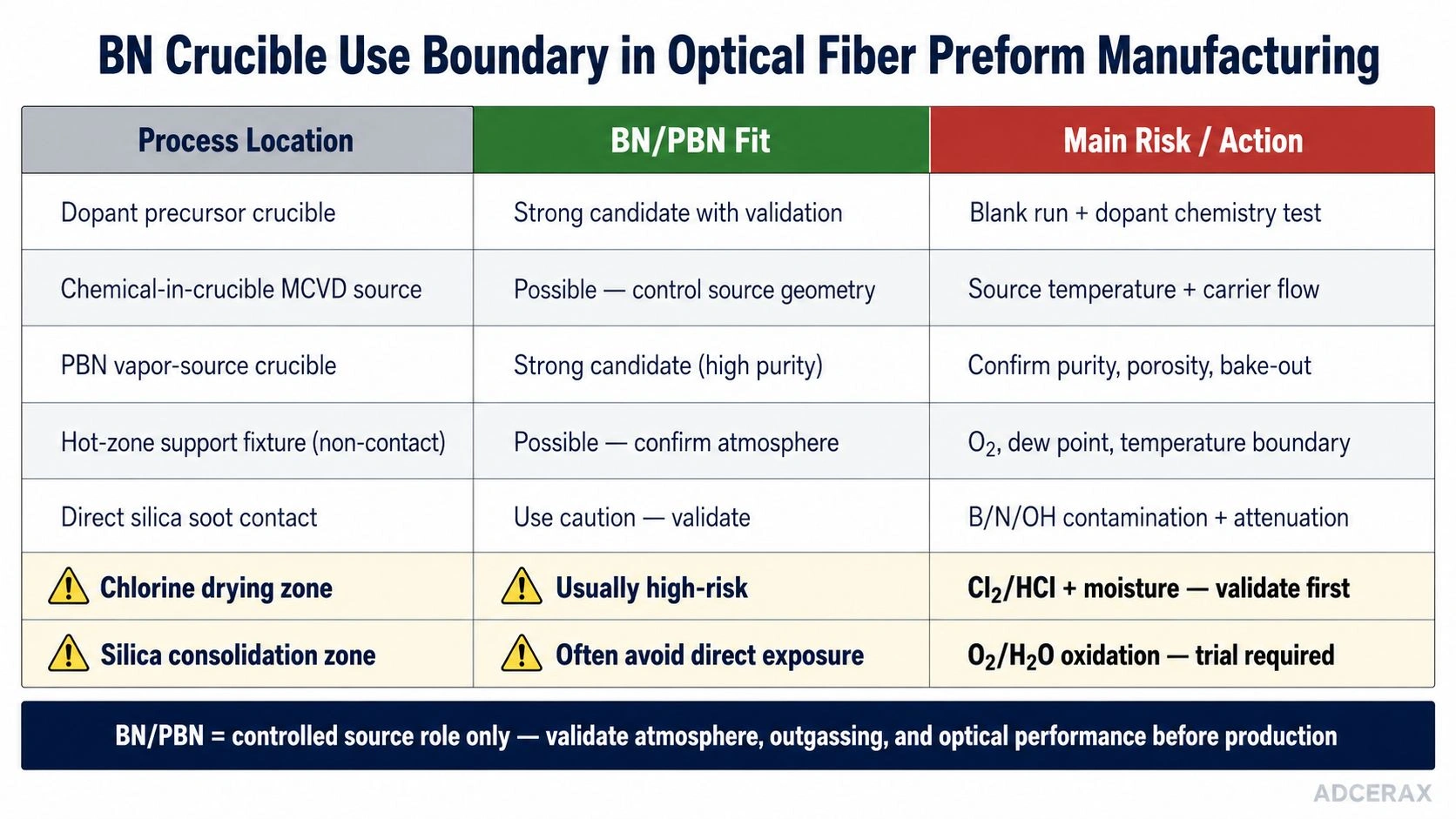 BN and PBN crucible use boundary matrix for optical fiber preform manufacturing, including dopant precursor crucibles, MCVD sources, vapor-source crucibles, chlorine drying zones and silica consolidation risks