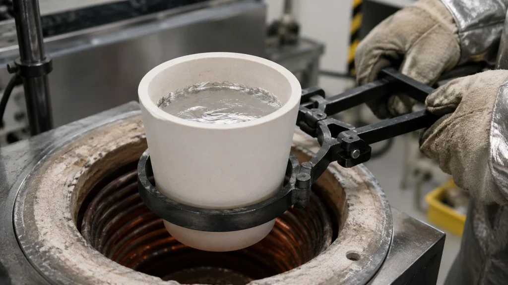 BN boron nitride crucible molten aluminum alloy casting melt handling laboratory scene