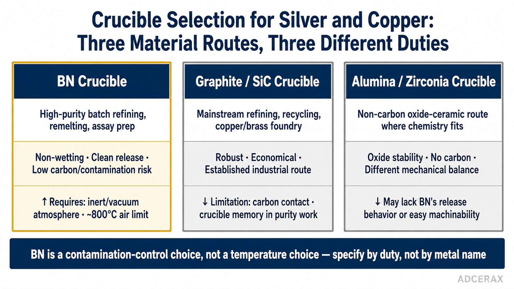 BN graphite alumina zirconia crucible silver copper refining selection criteria decision diagram