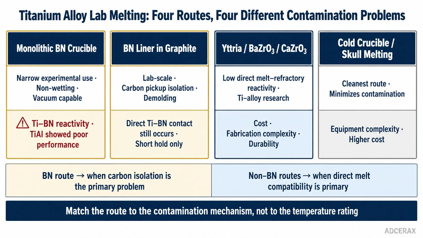 BN liner monolithic graphite yttria BaZrO₃ cold crucible titanium alloy melting route selection decision diagram