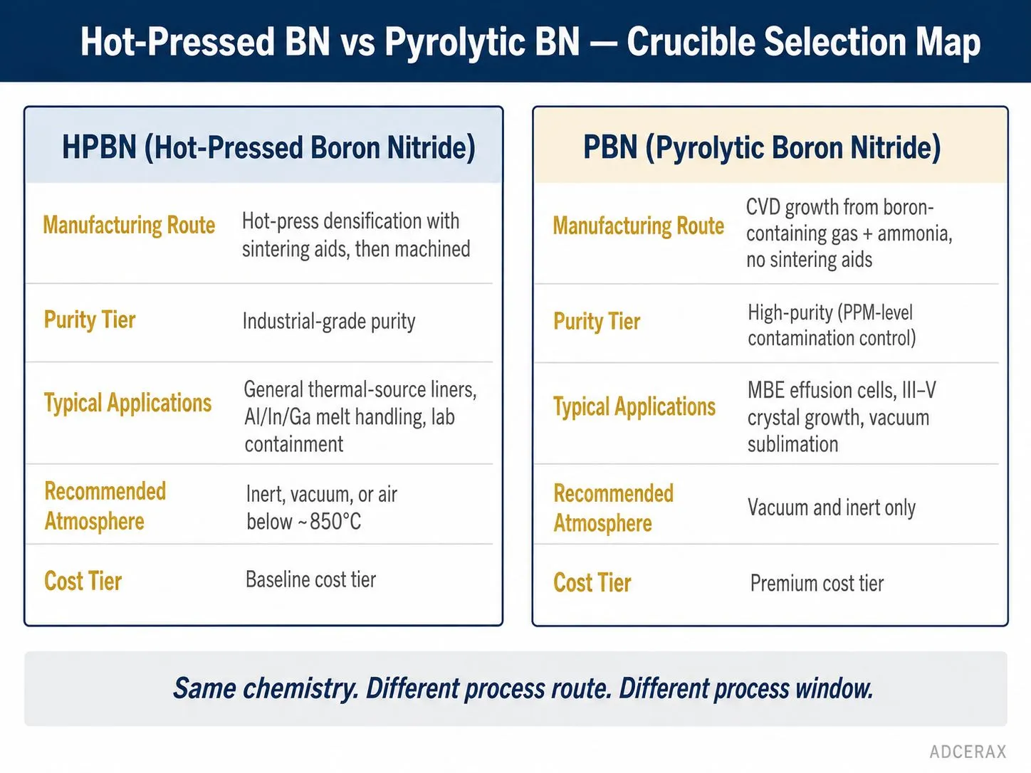 Hexagonal BN versus pyrolytic BN crucible comparison diagram with applications