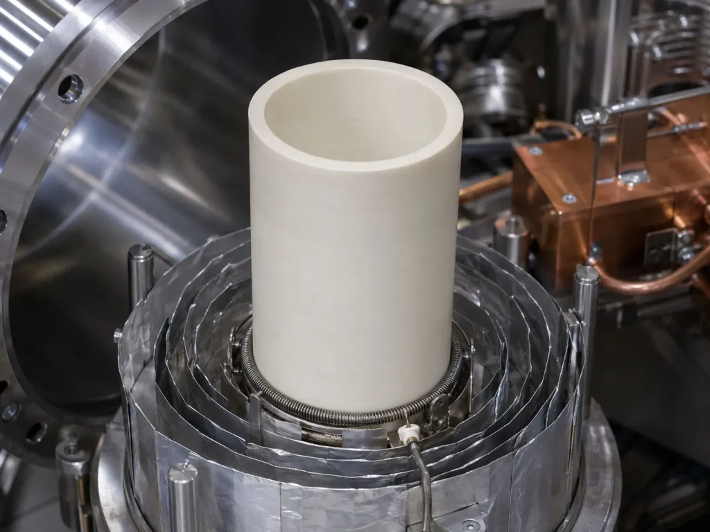 Pyrolytic boron nitride PBN crucible in MBE effusion cell vacuum chamber