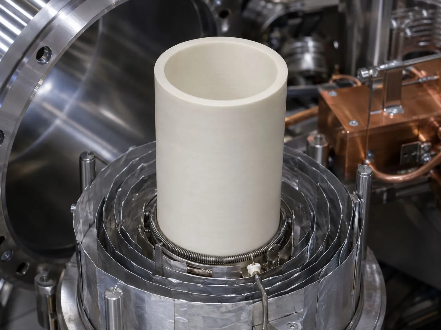 Pyrolytic boron nitride PBN crucible in MBE effusion cell vacuum chamber