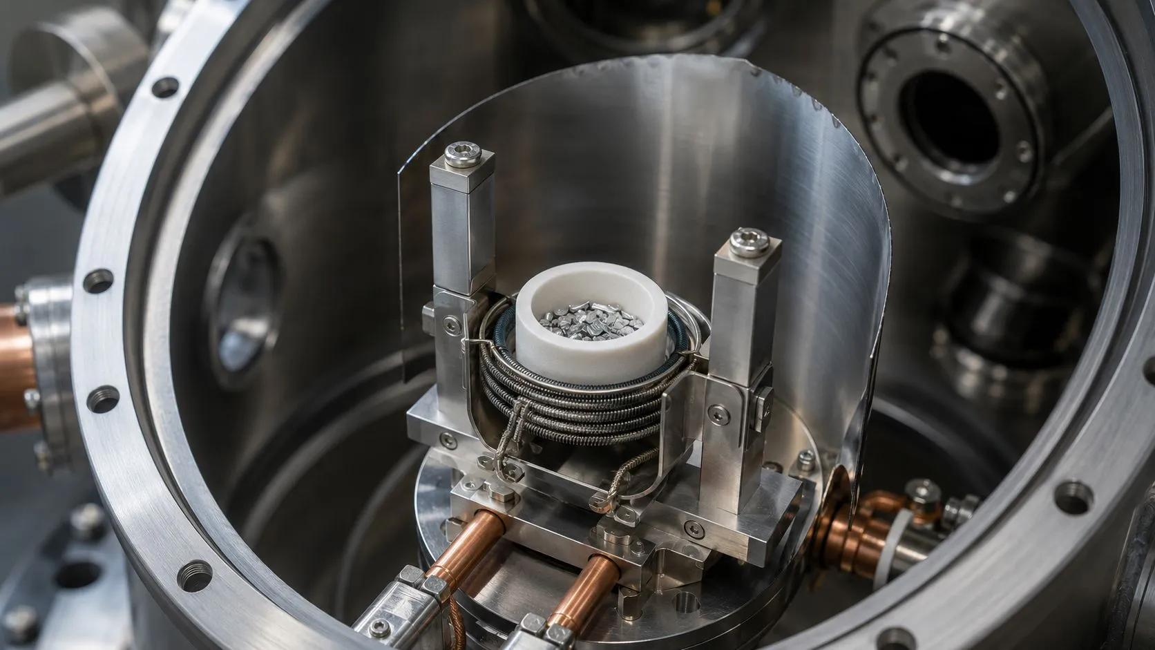 Boron nitride crucible in thermal evaporation source chamber during deposition