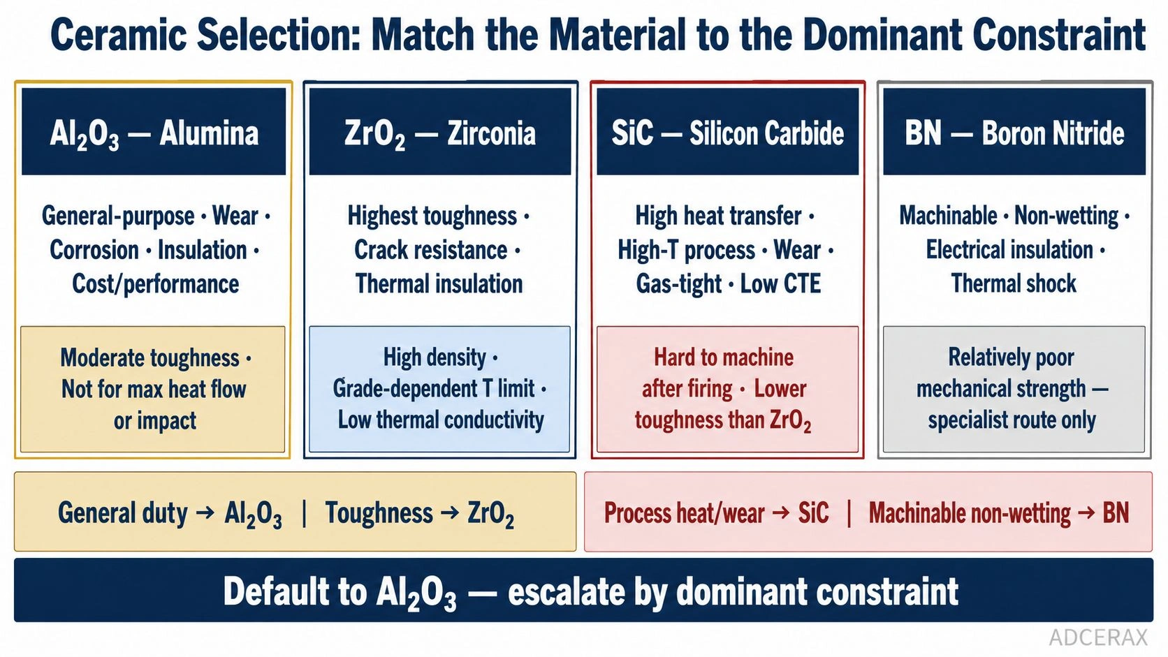 Al2O3 ZrO2 SiC BN ceramic material selection matrix best fit decision diagram alumina zirconia silicon carbide boron nitride