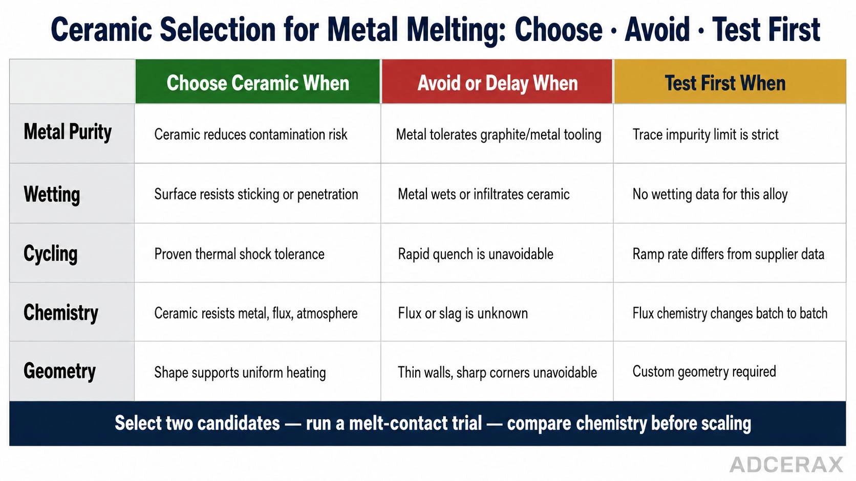 ceramic material selection for metal melting choose avoid test alumina zirconia silicon carbide boron nitride decision matrix diagram engineering