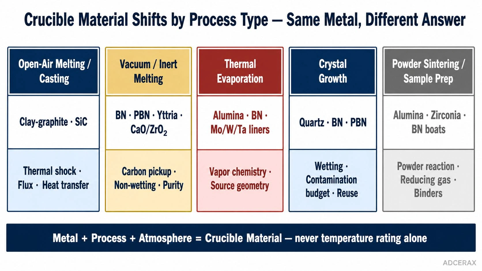 crucible material selection process type melting casting thermal evaporation crystal growth sintering alumina BN zirconia graphite SiC decision diagram