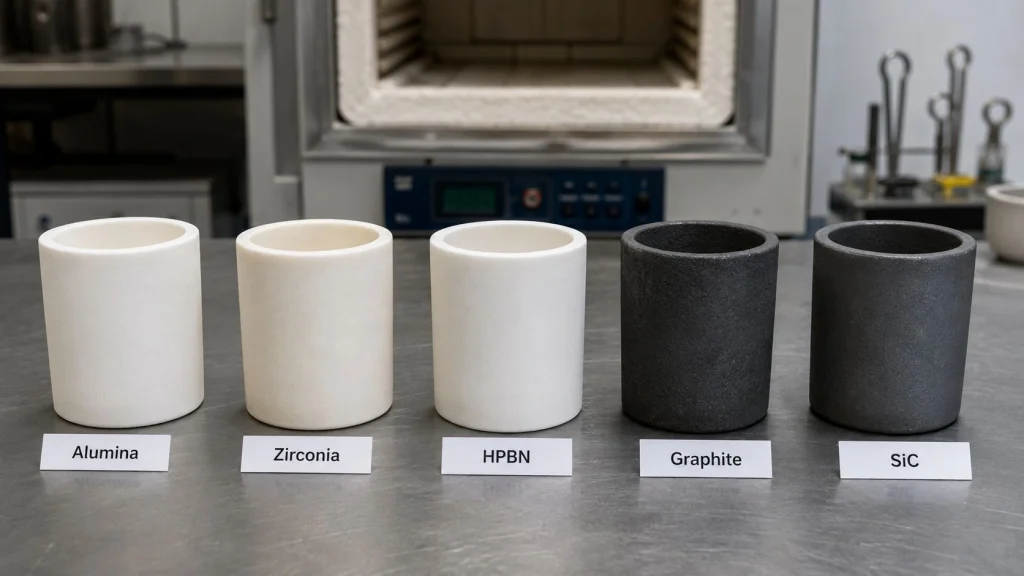 crucible material selection by metal alumina zirconia BN graphite SiC crucible compatibility chart engineering reference
