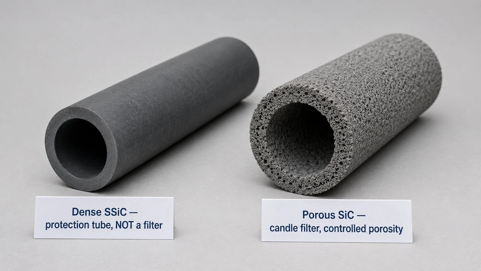 This image compares a dense SSiC protection tube with a porous SiC candle filter for high-temperature gas filtration, showing that only the porous SiC tube has controlled porosity for particle capture.