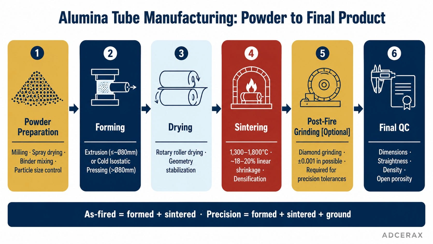 alumina tube manufacturing process flow powder preparation extrusion CIP drying sintering grinding QC diagram