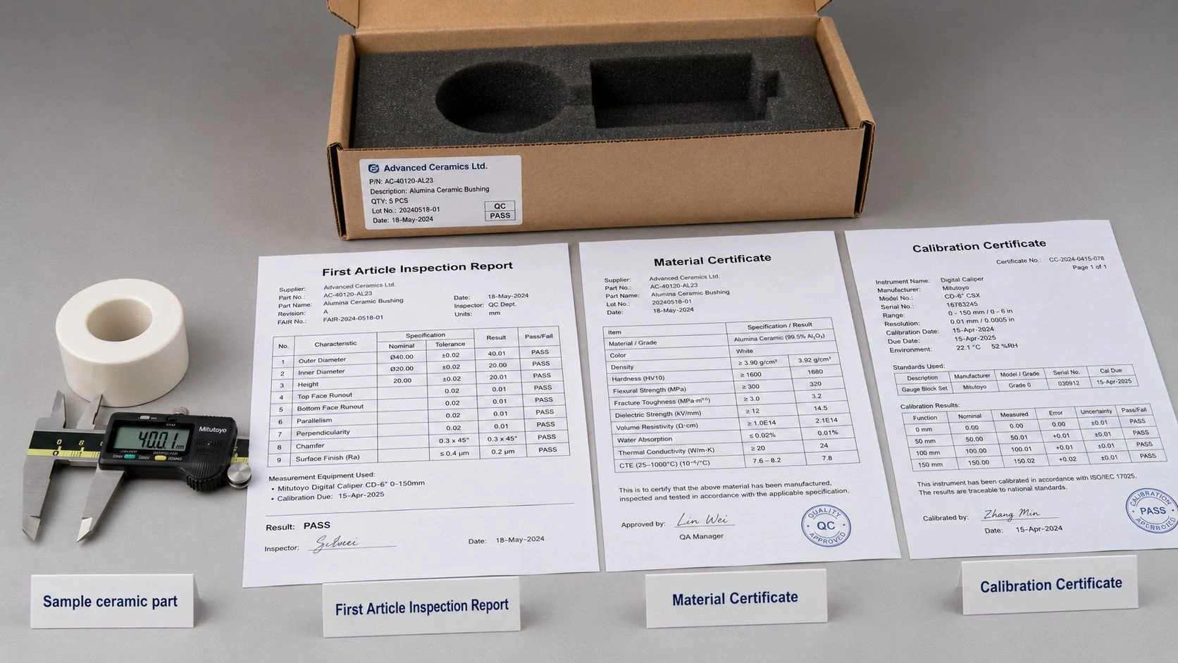 advanced ceramic first article inspection FAI report sample ceramic part calibration certificate quality documentation supplier approval