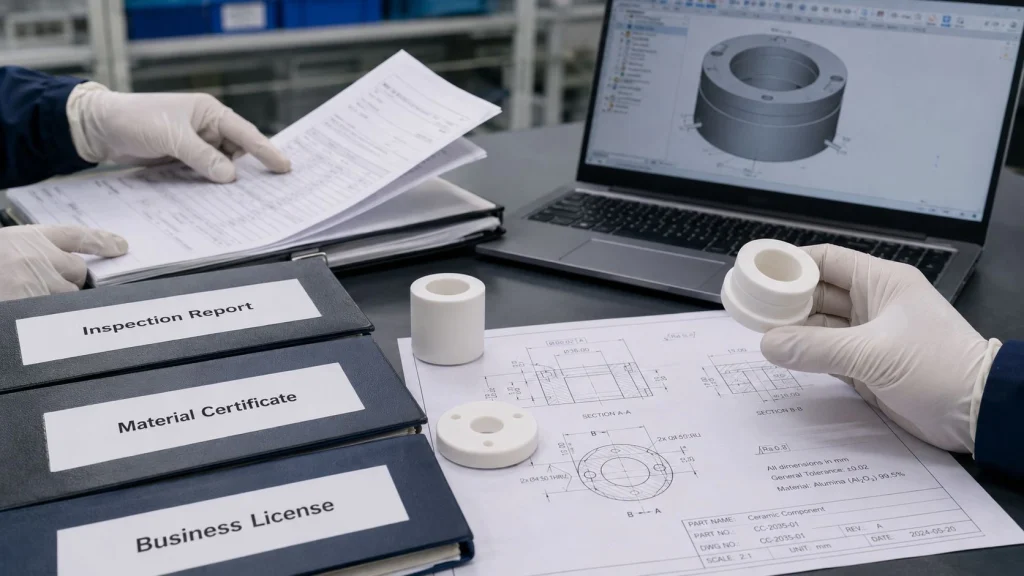 engineering team reviewing advanced ceramic supplier qualification documents sample inspection first article ceramic parts procurement