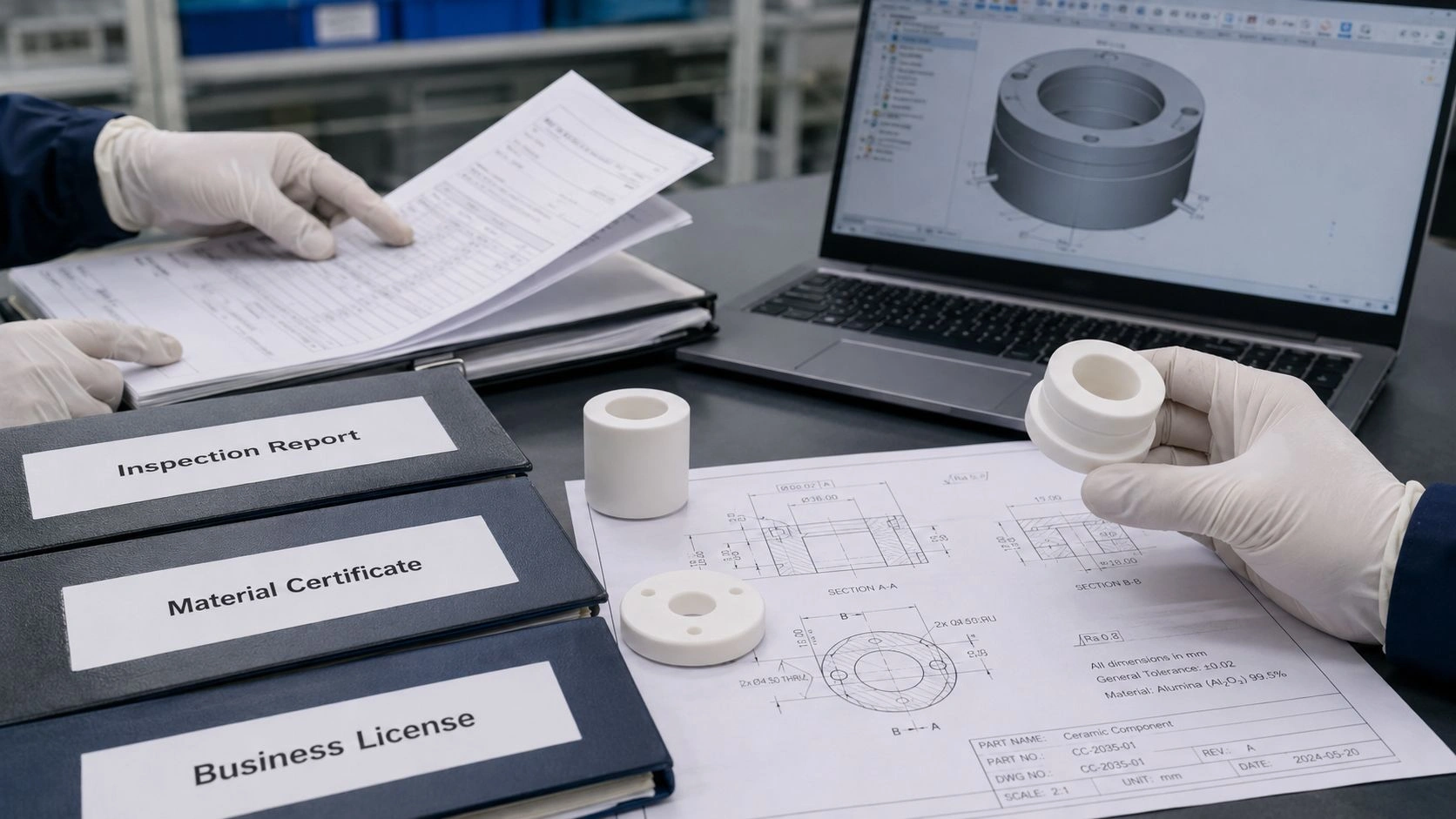 engineering team reviewing advanced ceramic supplier qualification documents sample inspection first article ceramic parts procurement