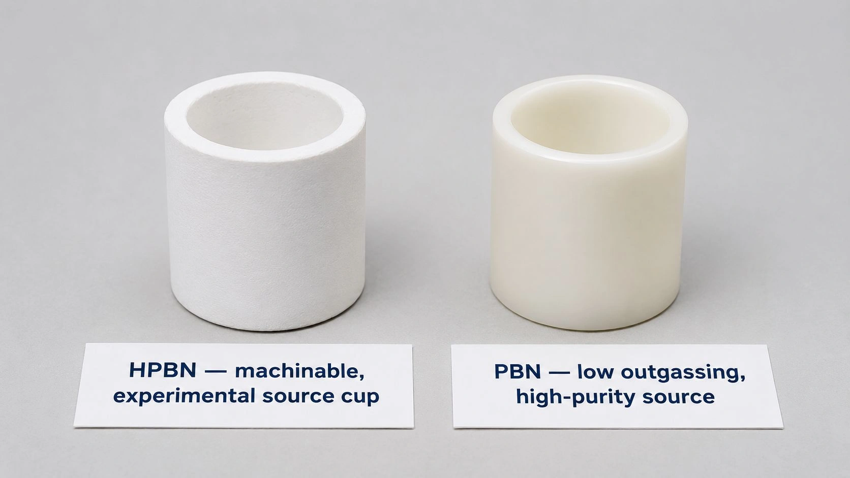 HPBN and PBN crucibles for optical fiber preform dopant precursor sources, showing machinable experimental source cups and low outgassing high purity vapor-source containment