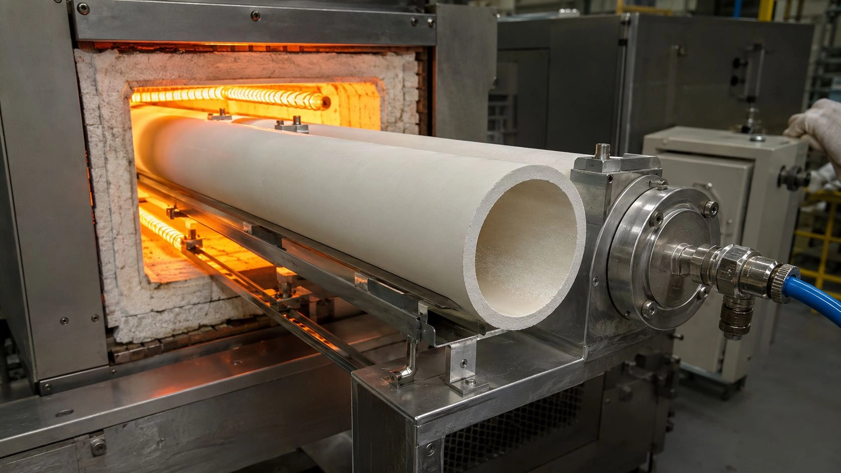 alumina furnace tube in lithium-ion cathode calcination tube furnace oxygen atmosphere industrial scene