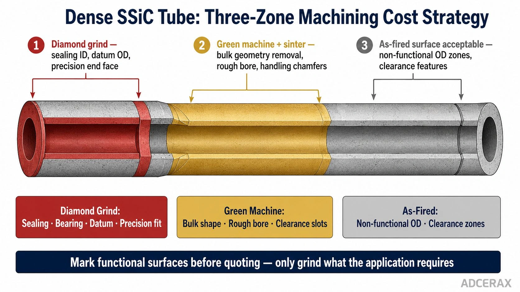 SSiC tube green machining vs post-sintering diamond grinding functional surface zoning ID OD concentricity sealing alignment decision diagram