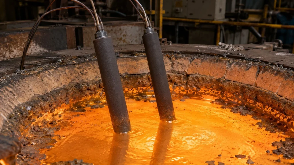 NBSC nitride bonded silicon carbide thermocouple protection tube immersed in molten aluminum holding furnace