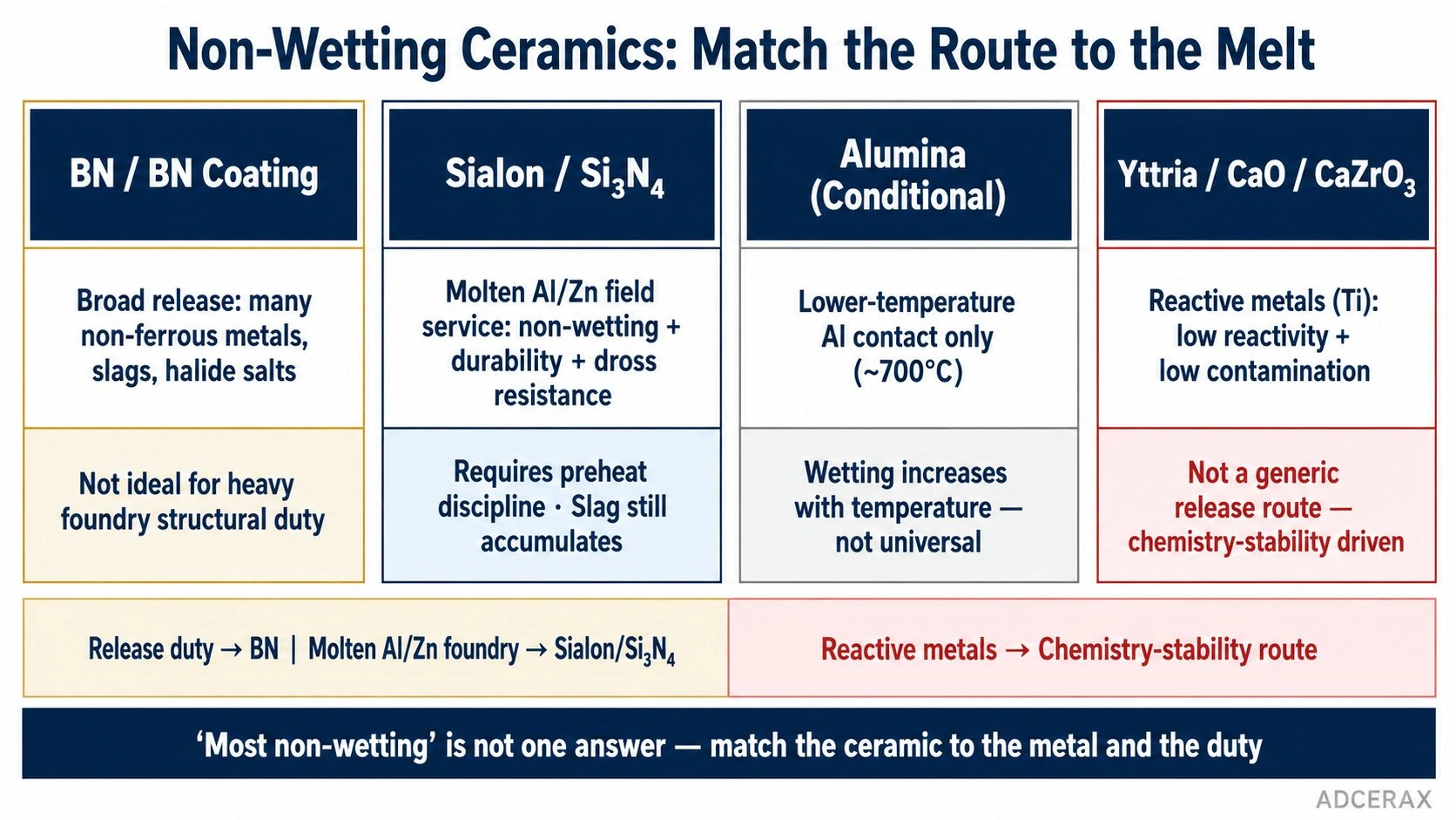 non-wetting ceramics molten metal processing BN sialon silicon nitride yttria selection guide material fit decision diagram