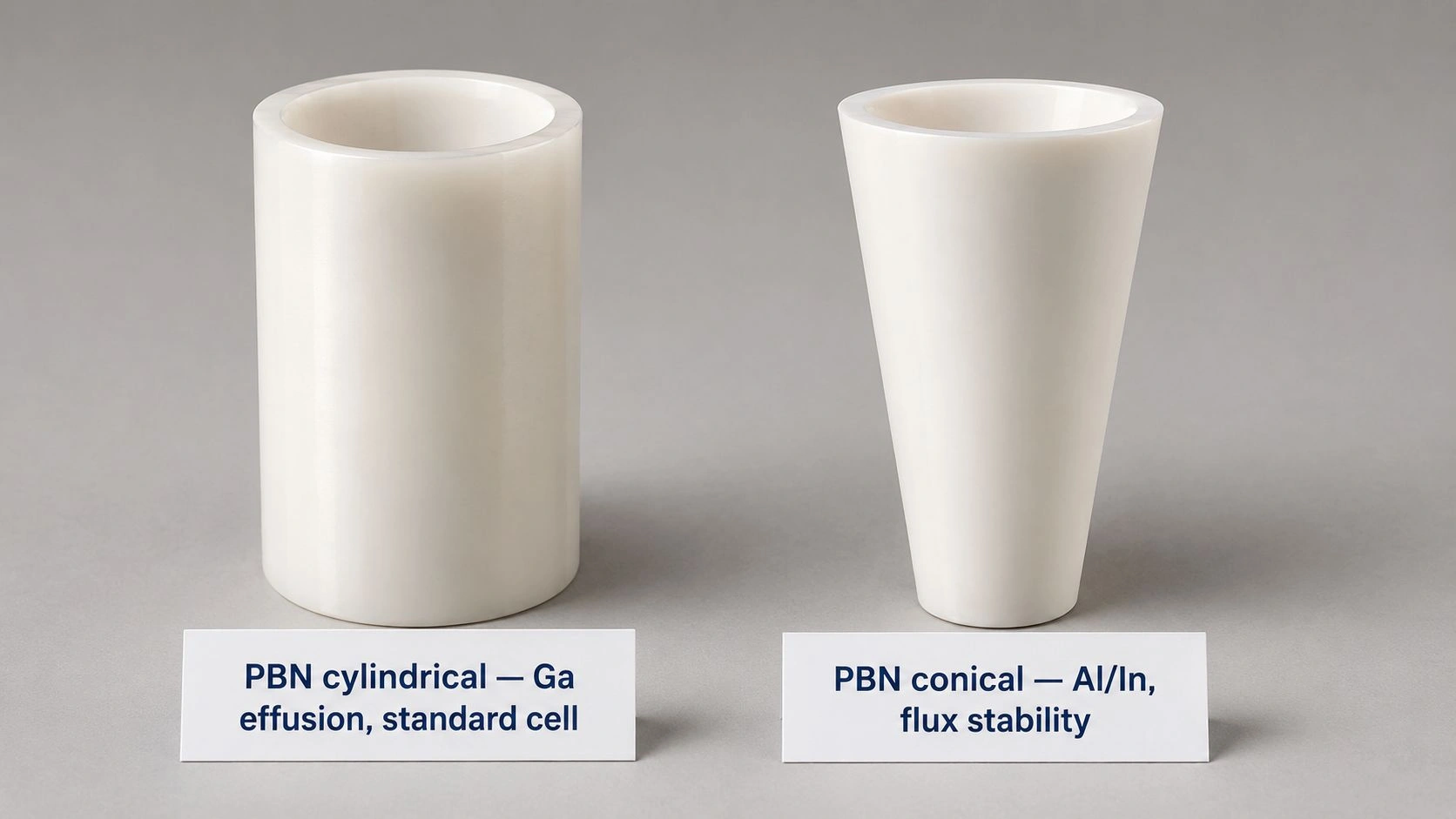 PBN cylindrical and conical crucibles for GaAs MBE effusion cells, showing standard gallium effusion geometry and conical crucible design for aluminum, indium and flux stability