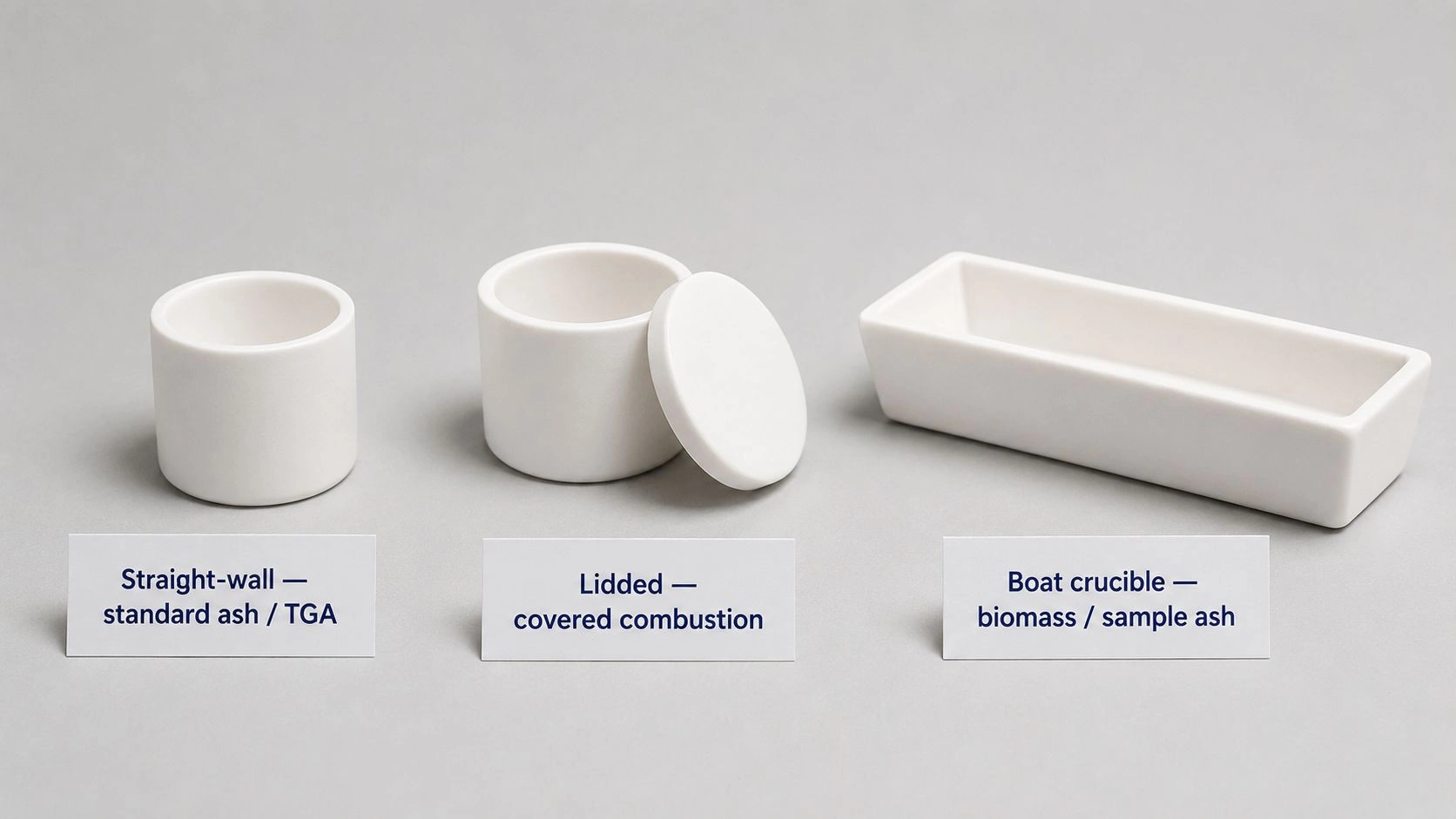 Recrystallized alumina crucible types for ash content testing, TGA analysis, covered combustion, biomass ash and sample residue workflows