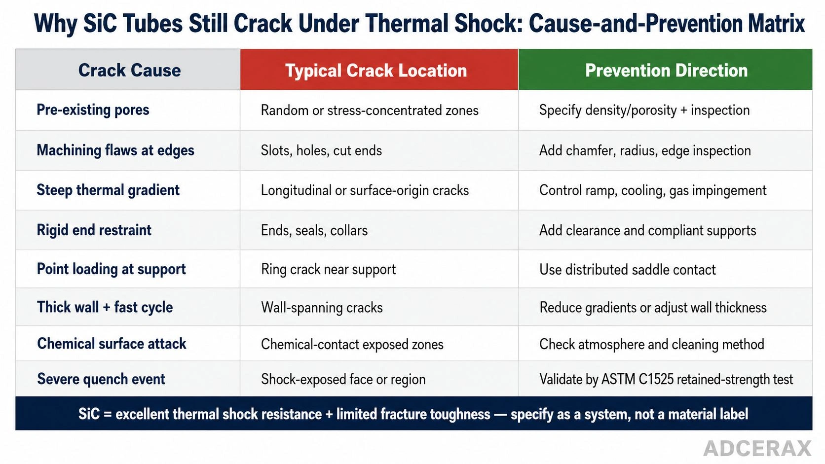 SiC tube thermal shock cracking cause and prevention matrix showing pores, machining flaws, steep thermal gradients, rigid end restraint, point loading, thick wall design, chemical attack and quench events